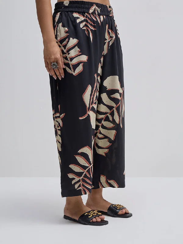 Diza Black Leaf Printed High-Rise Ethnic Pants