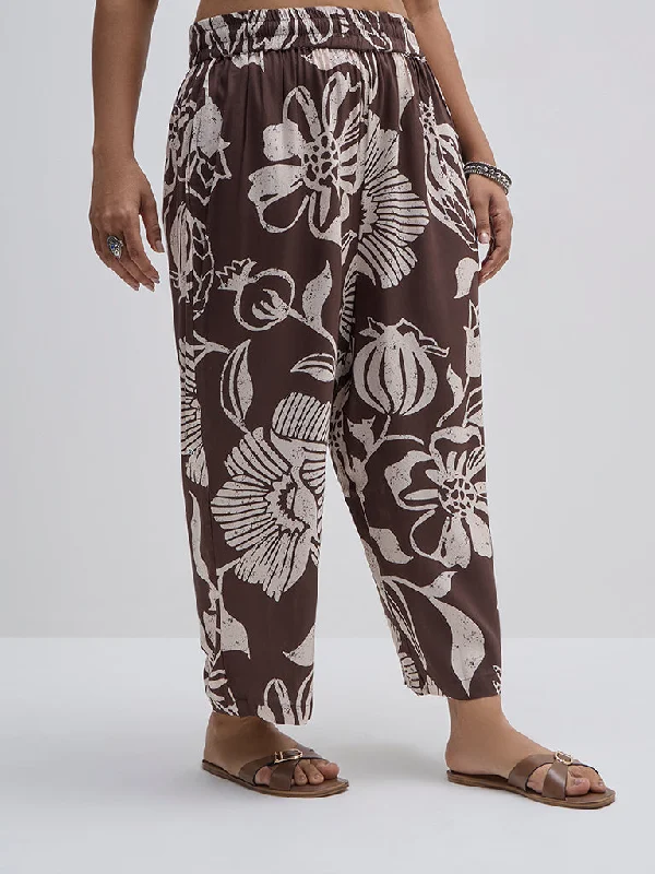 Diza Brown Floral Design High-Rise Ethnic Pants