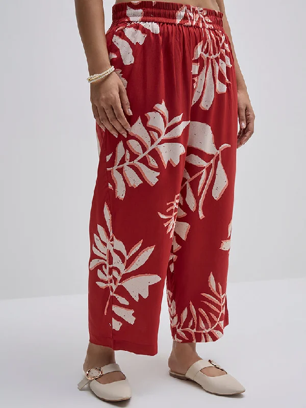 Diza Red Leaf Printed High-Rise Ethnic Pants