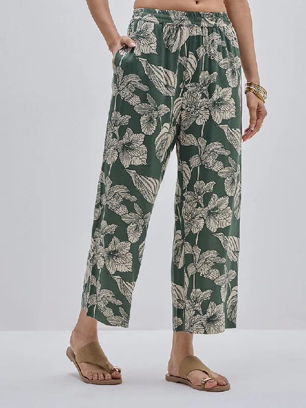 Utsa Green Botanical Printed High-Rise Ethnic Pants