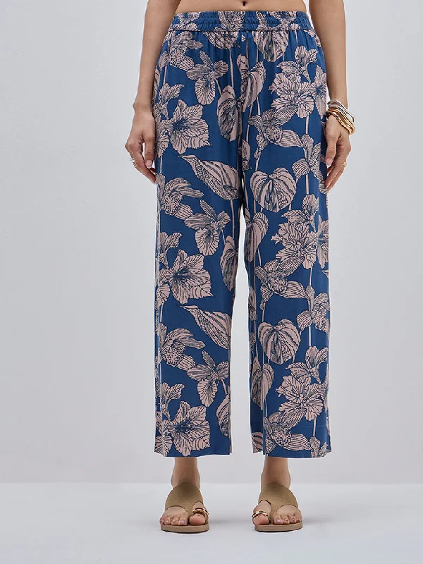 Utsa Indigo Botanical Design High-Rise Ethnic Pants