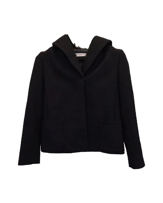 Prada Shearling-Lined Hooded Short Coat in Black Wool