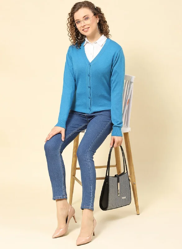 Women Blue Solid Modal Nylone Cardigan