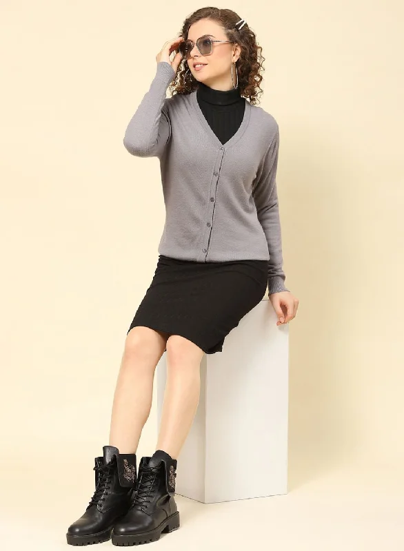 Women Grey Solid Modal Nylone Cardigan