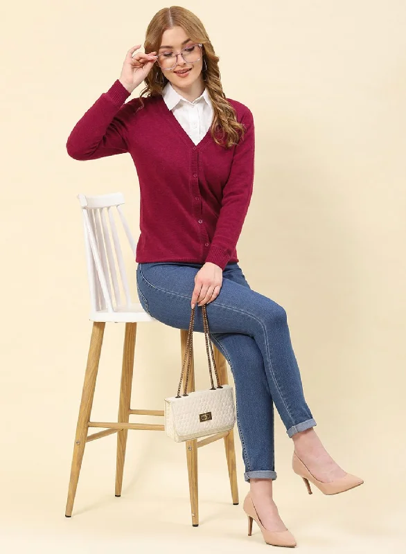 Women Maroon Solid Lamb wool Cardigan