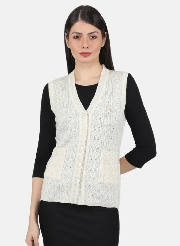 Women Off White Self Design Cardigan