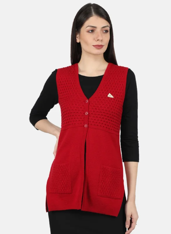 Women Red Self Design Cardigan