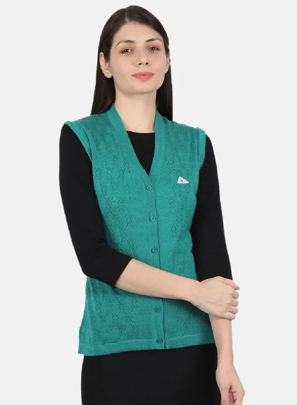 Women Sea Green Self Design Cardigan