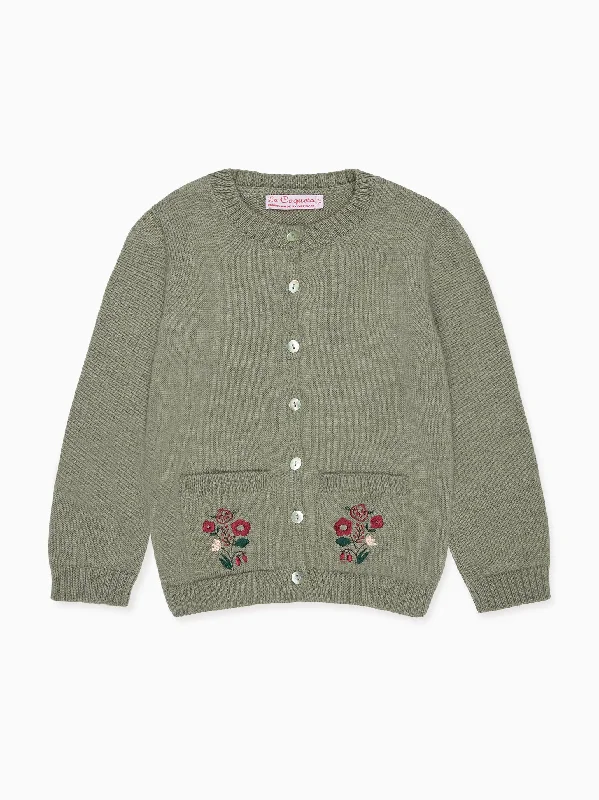 Sage Green Josefina Merino Embroidered Girl Cardigan