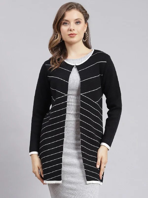 Women Black Stripe Wool blend Cardigan