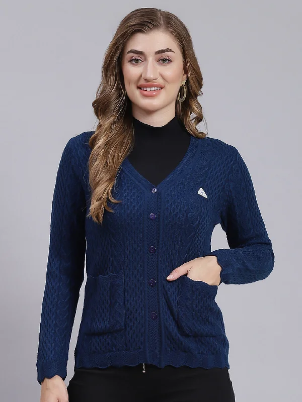 Women Blue Self Design Wool blend Cardigan