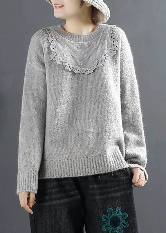 Aesthetic Gray Knit Tops Plus Size Clothing Lace Knit Tops