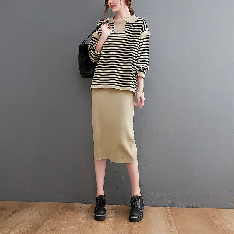 Apricot Striped Patchwork Knit Top Wraped Skirt Two Piece Set Outfits Long Sleeve