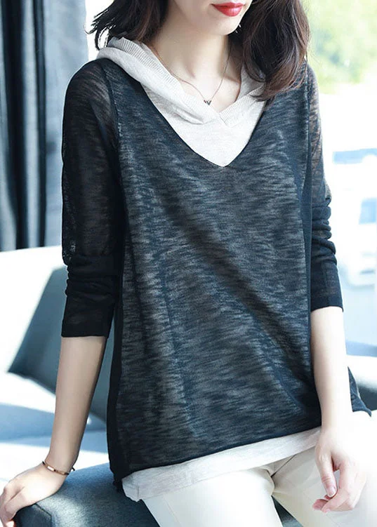 Black False Two Pieces Patchwork Knit Tops Hooded Short Sleeve