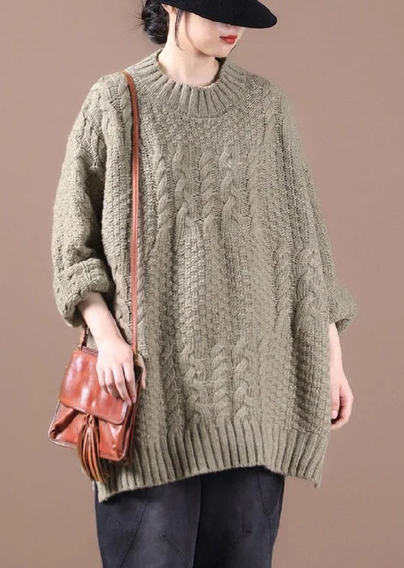 Boho Khaki Loose Cable knit Fall Long Knit Top