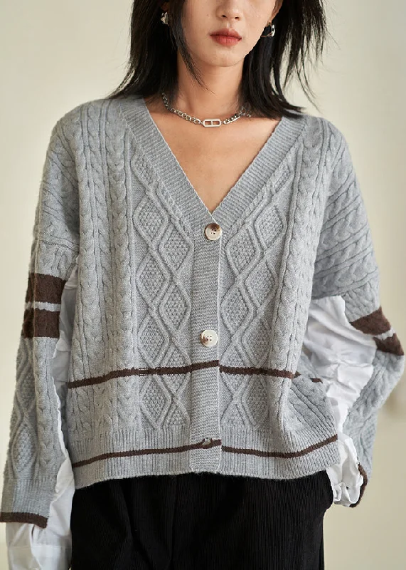 Chic Grey V Neck Button Patchwork Cotton Knit Top Fall