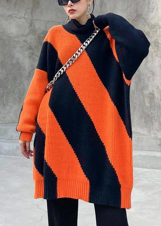 Chunky Black Orange Striped Knit Sweat Tops Plus Size O Neck Knit Tops