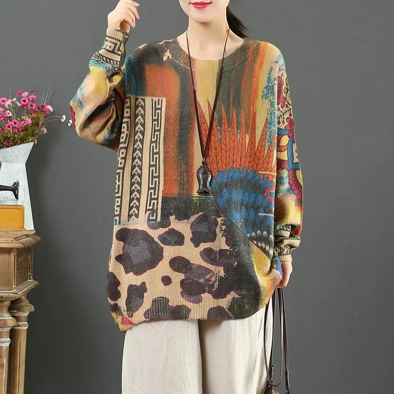 Chunky prints three knitted t shirt wild Loose fitting o neck knit tops