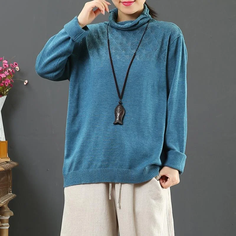 Comfy blue khit top silhouette high neck plus size hollow out knit tops