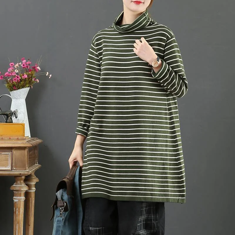 Comfy green knit tops high neck oversized striped sweaters