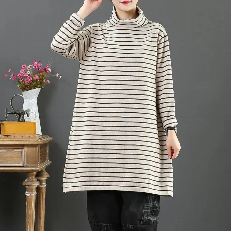 Cute khaki striped knit tops high neck Loose fitting wild sweaters