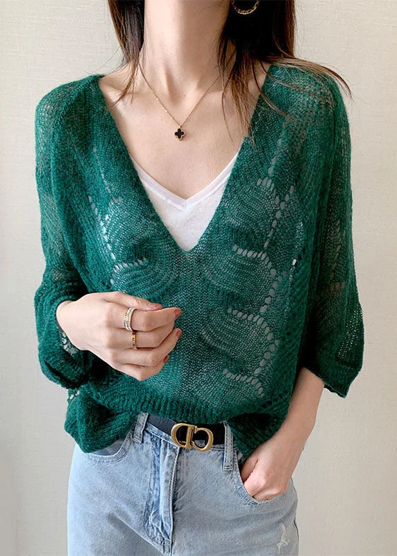 Diy Green V Neck Hollow Out Patchwork Knit Tops Spring