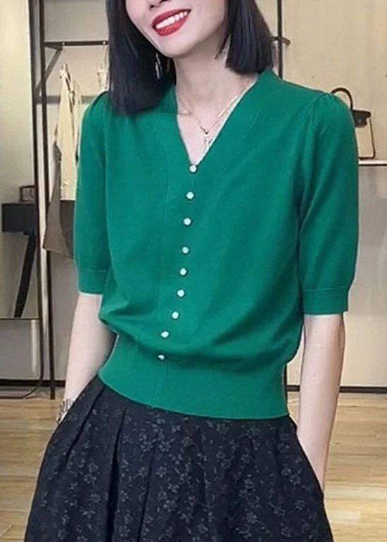 Fine Green V Neck Nail bead Patchwork Knit Top Puff Sleeve