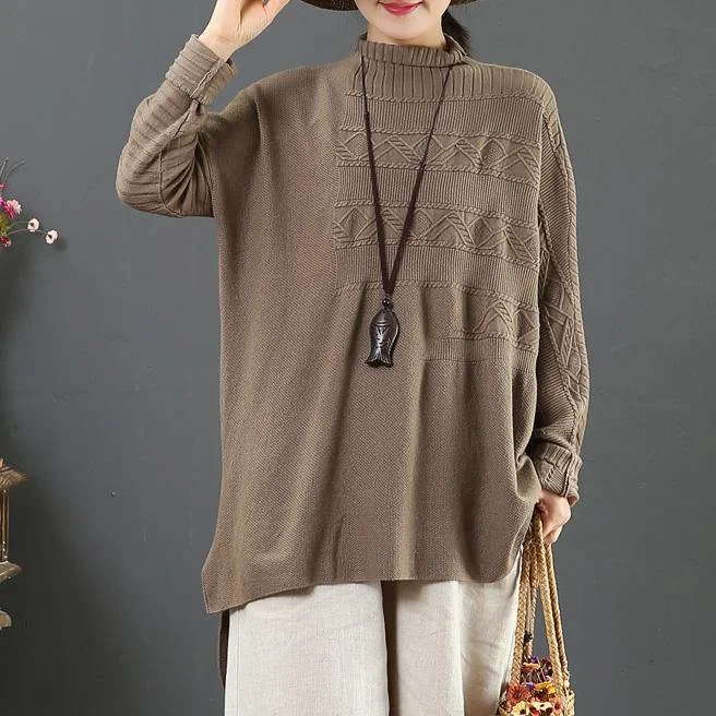 For Work light chocolate knit top silhouette low high design plus size clothing high neck knit sweat tops