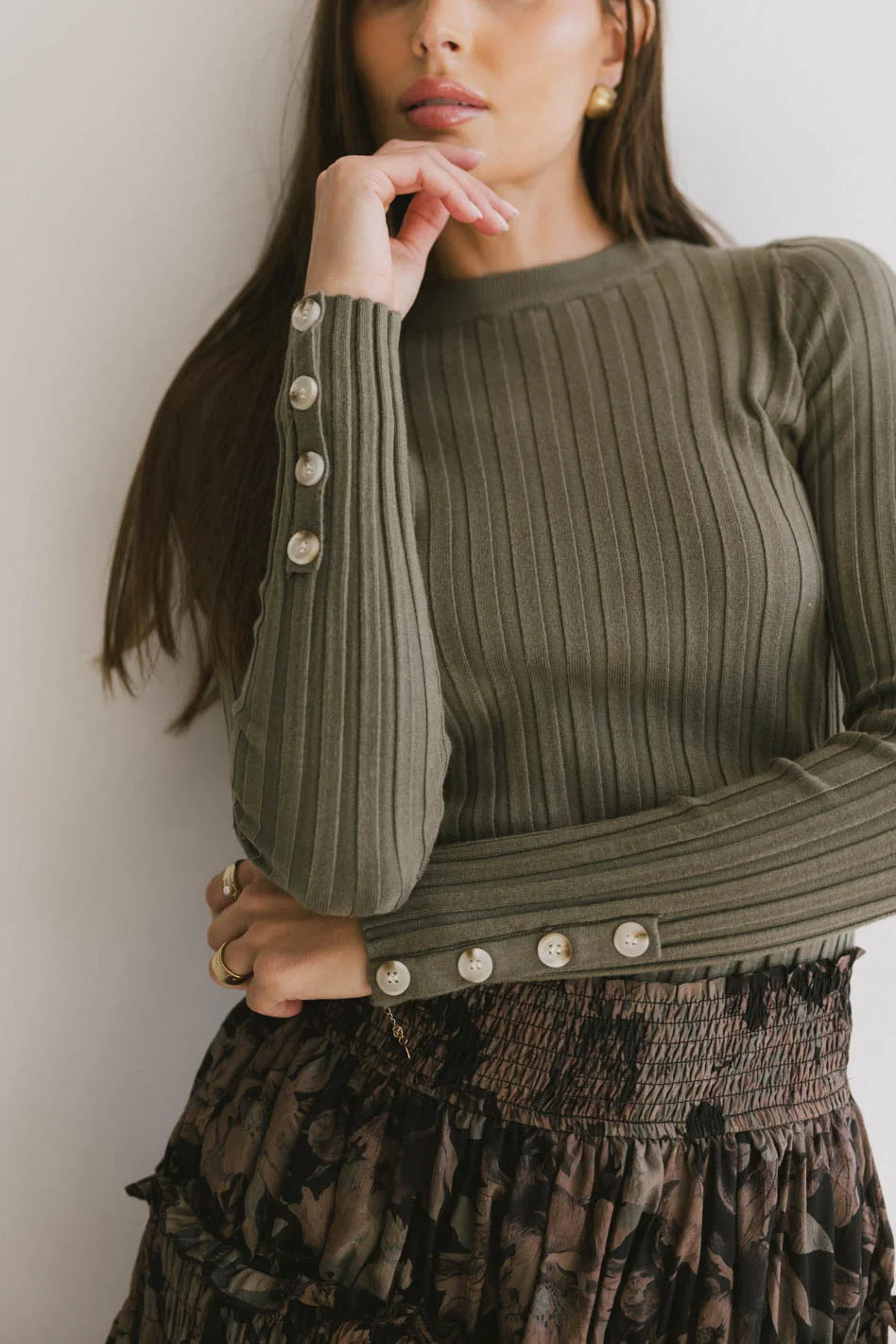 Lonnie Button Sleeve Sweater in Green