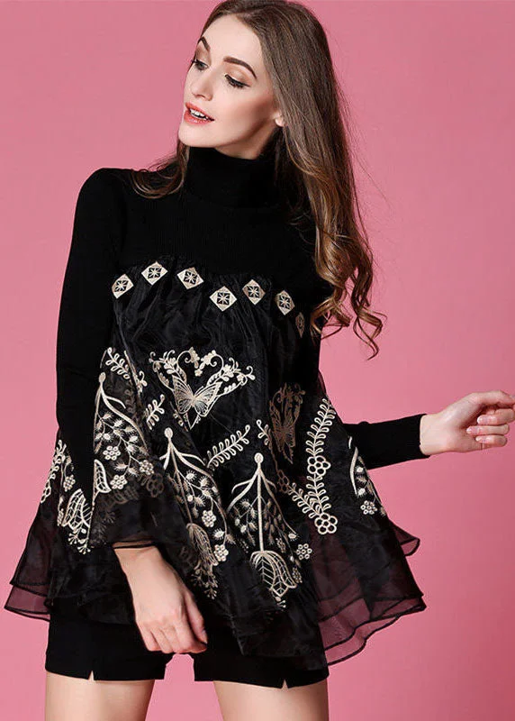 Modern Black High Neck Organza Patchwork Knit Top Spring