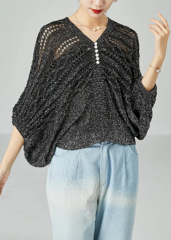 Modern Grey Oversized Hollow Out Knit Tops Batwing Sleeve