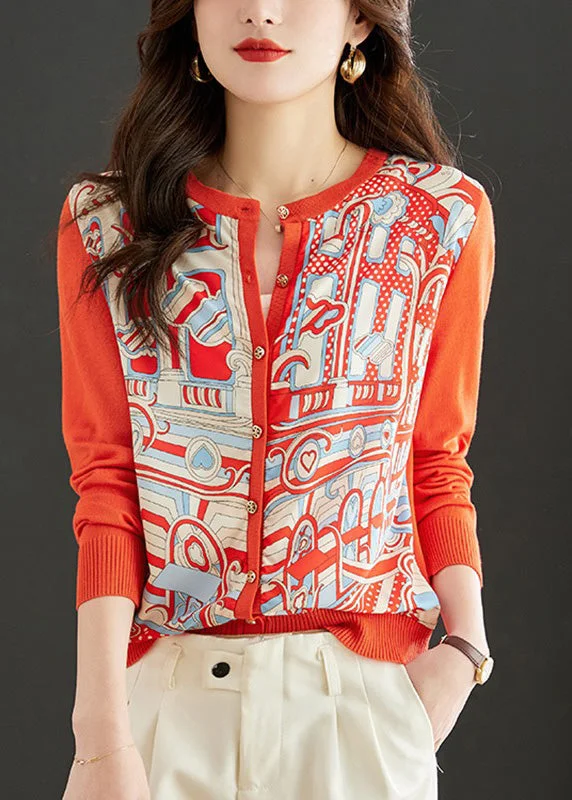 Natural Orange O-Neck Print Button Knit Tops Spring