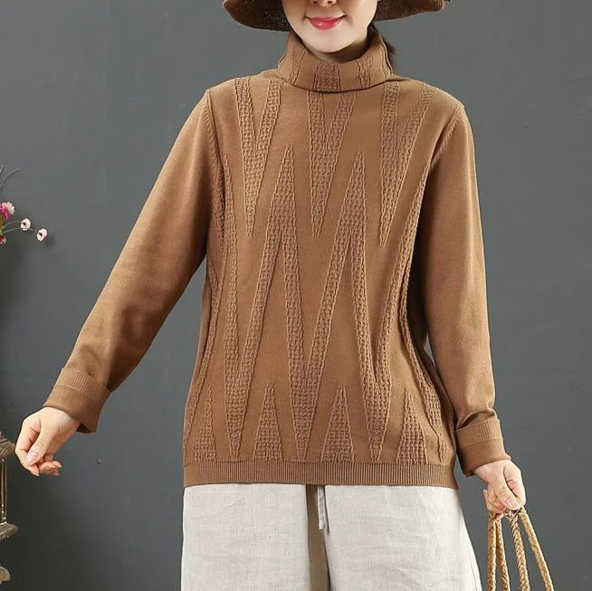 Oversized brown knitted t shirt wild casual high neck knit tops