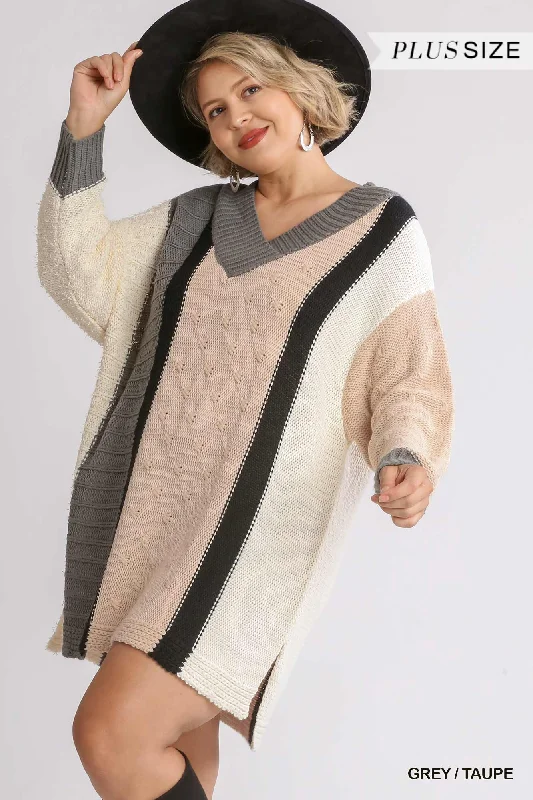 Blue Zone Planet |  Oversized Multicolor Bouclé V-neck Pullover Sweater Dress With Side Slit