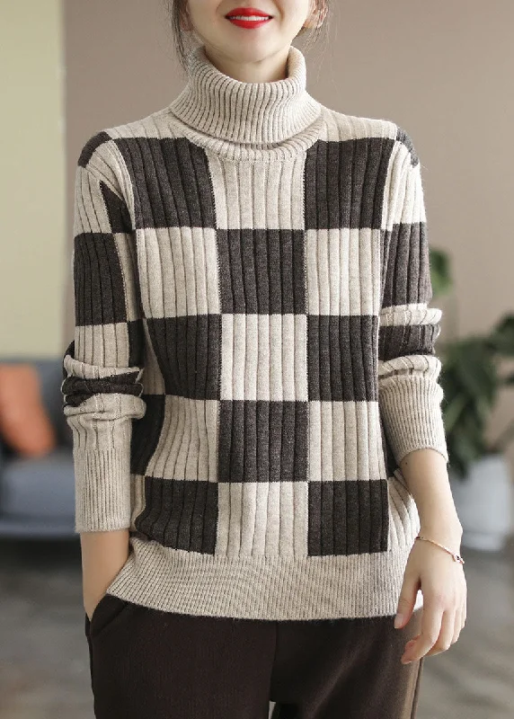 Plus Size Coffee Turtle Neck Plaid Knit top Winter