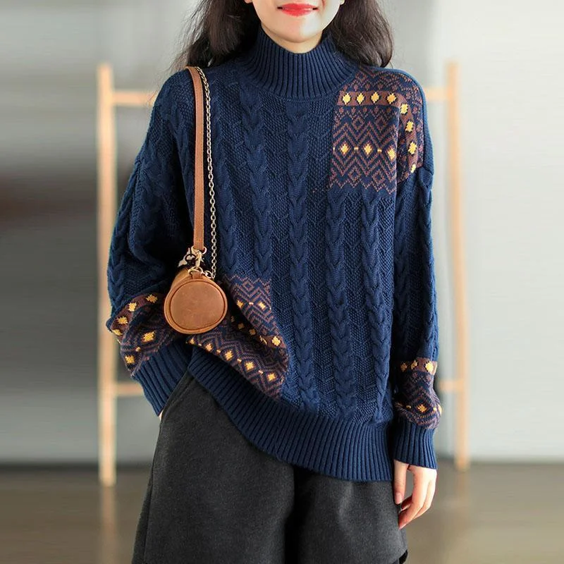 Retro Knitted Stitching Warm Knit Top Sweater