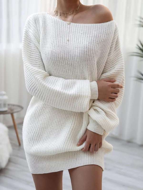 Rib-Knit Balloon Sleeve Boat Neck Sweater Mini Dress