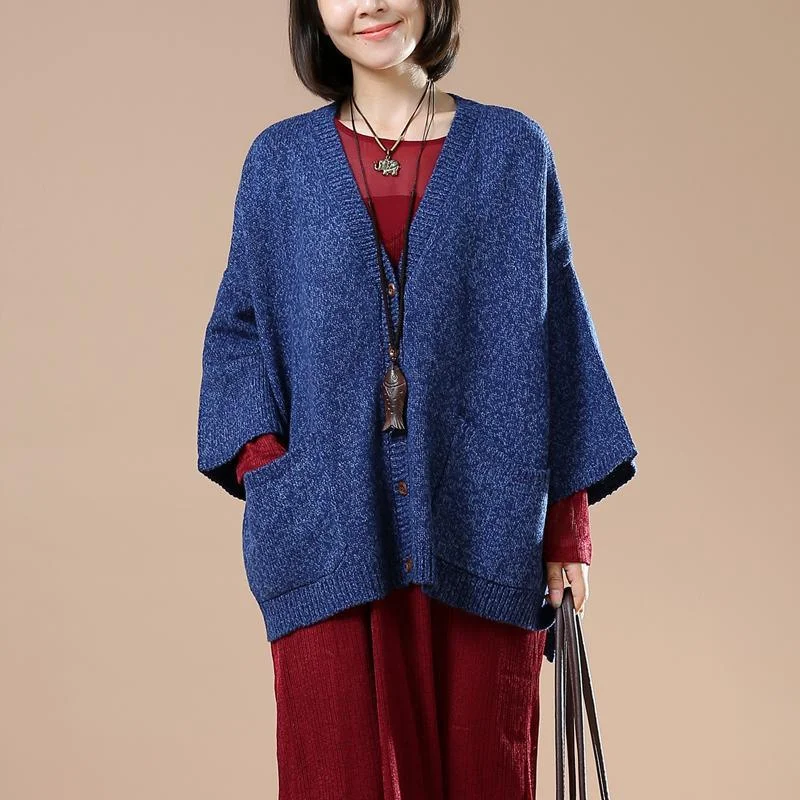 Royal blue short sweaters oversized knit tops plus size