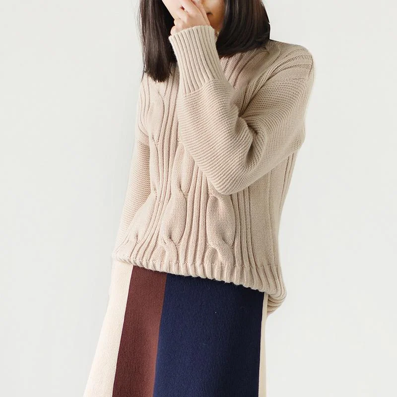 Tan cable knit woman sweaters spring short knit tops long sleeve sweater