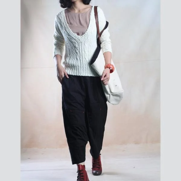 White V neck women sweater cable knit top