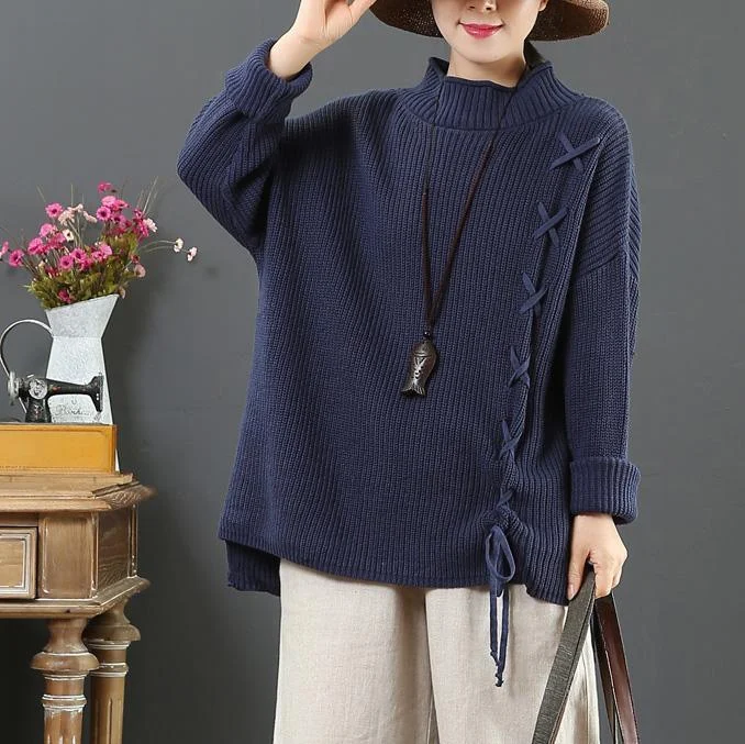 Women blue sweater tops drawstring oversize knit tops