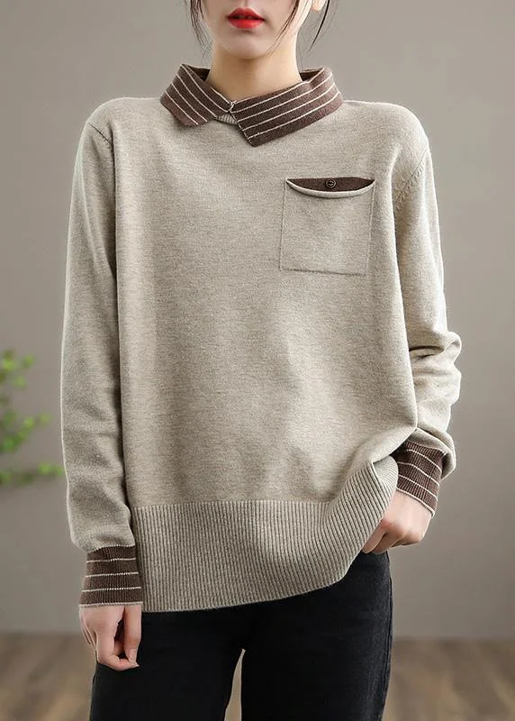 Women Nude Sweater Tops Lapel Patchwork Knit Top