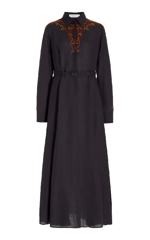 Mcgraw Embroidered Shirtdress in Charcoal Aloe Linen