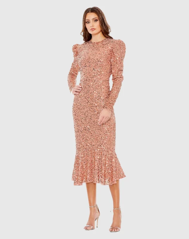 Sequined Long Sleeve High Neck Trumpet Dress