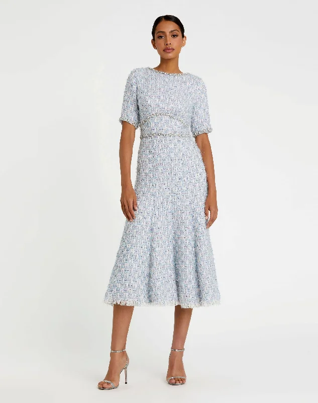 Short Sleeve Beaded Trim Boucle Midi Dress