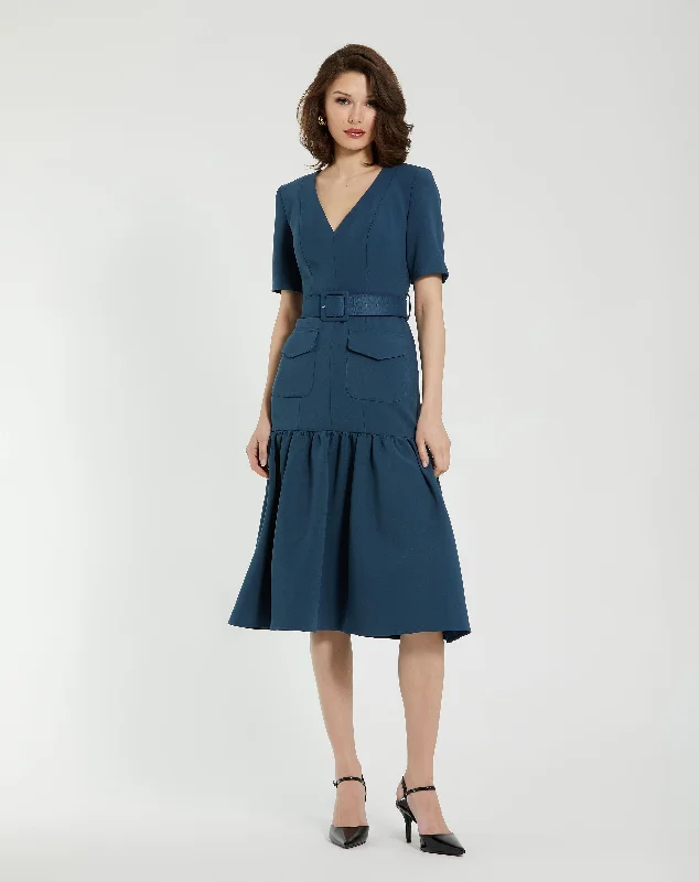 Crepe 3/4 Sleeve Midi Dress With Belt And Pockets