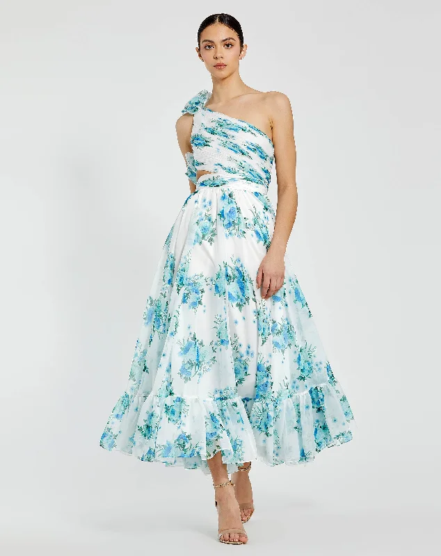 One Shoulder Ruffle Cut-Out Chiffon Midi Dress