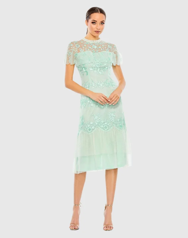 Embroidered Ruffled Cap Sleeve Midi Dress