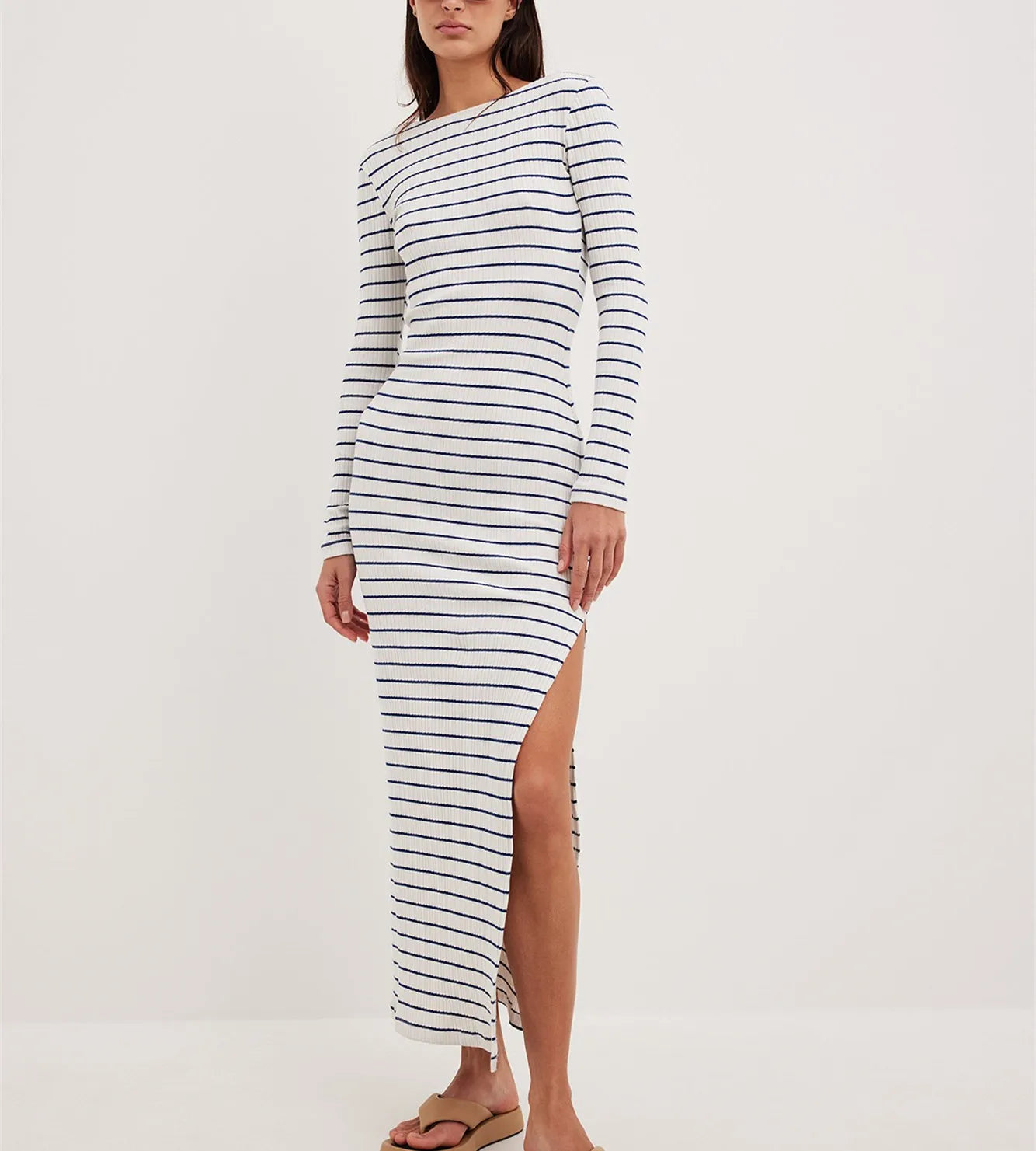 FashionSierra - Women Knit Long Sleeve Crew Neck Striped Slit Fall Winter Club Midi Dress