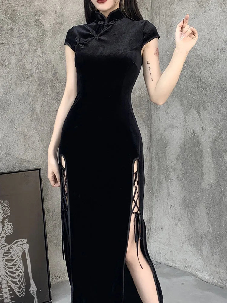 FashionSierra - Gothic Velvet Aesthetic Women Black Bandage SlitHem Bodycon Evening Wear Cheongsam Midi Dress